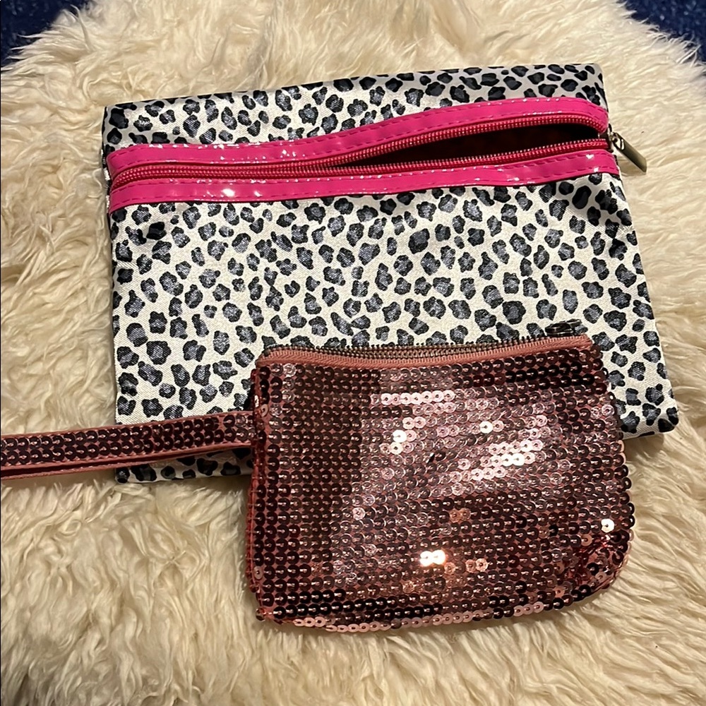 Vintage AE sequin wristlet & leopard print makeup bag